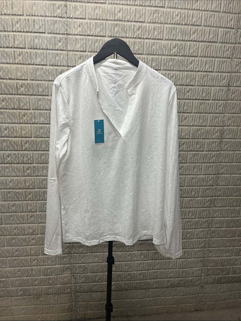 Cupshe White Eyelet V-Neck Long Sleeve Top